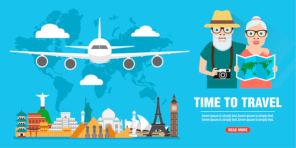 Time to travel. Journey of grandparents concept design flat banner. Vector illustration