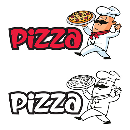 Vector funny chef walking with pizza