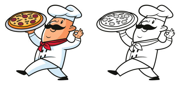 ilustrações de stock, clip art, desenhos animados e ícones de funny cook or chef with pizza - characters cooking chef bakery