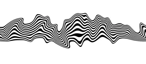 Vector illustration of Abstract optical illusion wave on white background. A flow of black and white stripes forming a wavy distortion effect. Vector Illustration.