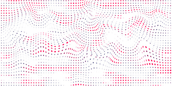 Flow of colorful shimmering particles on white background. Gradient of dynamic halftone sound wave. Vector Illustration.