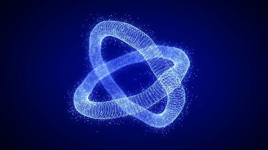 Abstract dynamic double wireframe wavy torus on a blue background. The flow of scientific data. Futuristic digital technology.