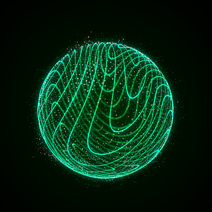 Futuristic green sphere made of particles. Flow of atoms in cyberspace. Space energy spread concept.
