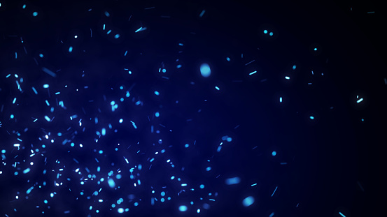 Dynamic fiery flying sparks on dark background. Flow of burning blue particle. 3D rendering.