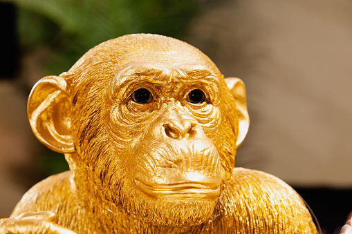 Figurine of a golden monkey with black eyes, close-up.