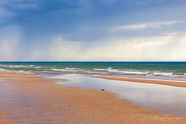vista da paisagem marítima em uma praia de areia com chuva no horizonte - 16721 - fotografias e filmes do acervo