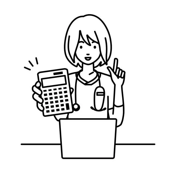 Vector illustration of a nurse woman recommending, proposing, showing estimates and pointing a calculator with a smile