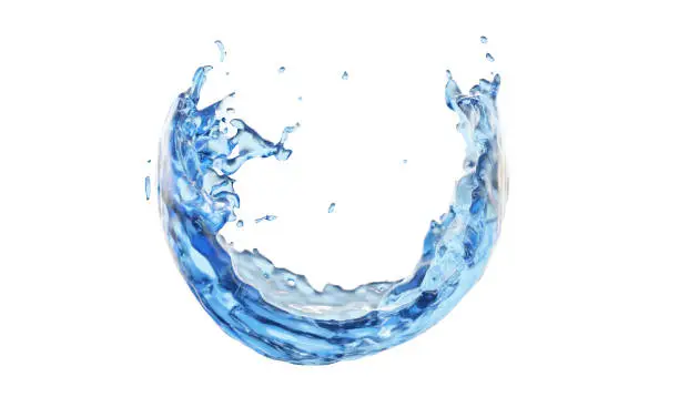 Photo of 3D rendering, blue water splash isolated on white background. liquid bubble, water wave, splashing of fluid water, aqua translucent, Hydro Essence for moisturizer.