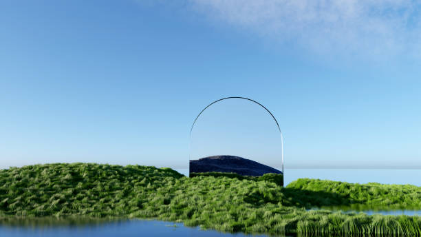 istock 3d render Surreal shaggy surface Grassland mountain landscape background in minimal concept, abstract fantastic dune, panoramic, futuristic beauty meadow.copy space, blue sky and cloudy 1495805689