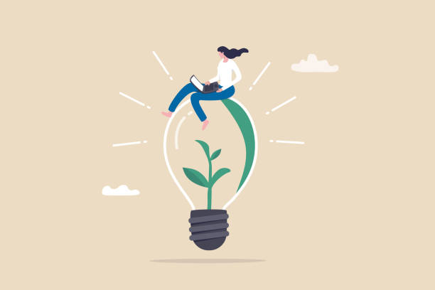 bildbanksillustrationer, clip art samt tecknat material och ikoner med sustainability business or environmental care in office, ecology company culture or social responsibility strategy, esg concept, businesswoman working with computer on green sustainable lightbulb. - hållbar livsstil