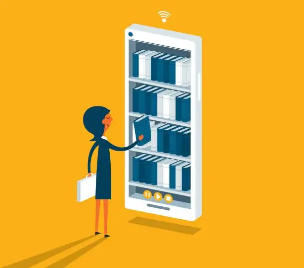 Vector illustration of Smartphone and Stack of Books - Businesswoman