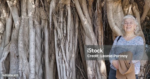 istock Senior woman standing near the huge old banyan tree, copy space. 1495806303