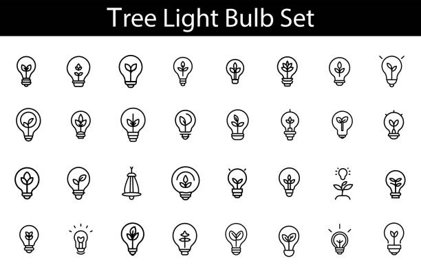 ilustrações, clipart, desenhos animados e ícones de conceito de lâmpada, ícone de estilo de linha, árvore, ilustração vetorial - alternative energy data fuel and power generation light bulb