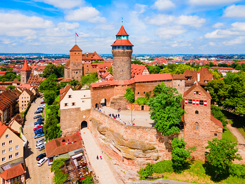 Nuremberg Castle aerial panoramic view. Castle located in the historical center of Nuremberg city in Bavaria, Germany.