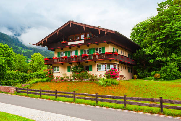 Beauty wooden local house in Berchtesgaden town aerial panoramic view in Bavaria region of Germany