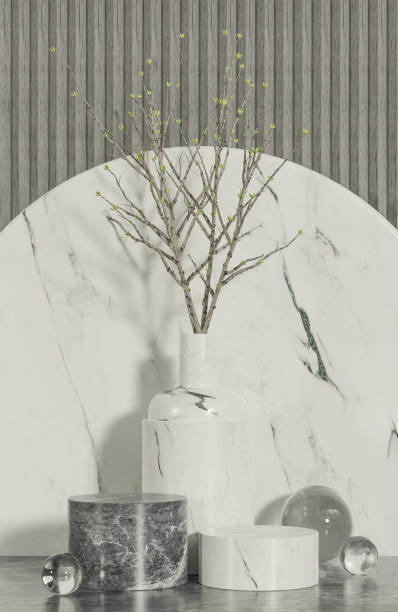 istock Mockup marble podium for product presentation podium with cement background and morning light.,3d model and illustration. 1495808908
