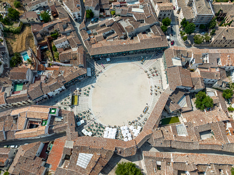Aerial panorama of the main square of Chinchon, province of Madrid. cataloged as beautiful towns in Spain