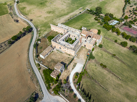Aerial view Monsalud Cistercian Monastery, in Corcoles, was one of the most important medieval buildings in the territory of Guadalajara for centuries, Panoramic view