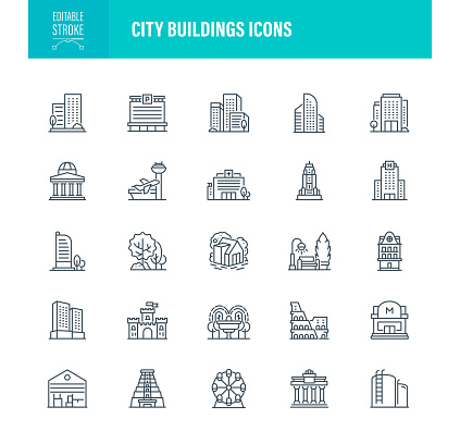 City Building Icons Editable Stroke. The set contains icons: Building Exterior, Editable Stroke, Bank - Financial Building, Construction Industry, House, Residential Building