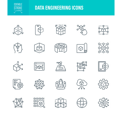 Data Engineering Icons. Editable Stroke. For Mobile and Web. Contains such icons as Technology, Improvement, Analyzing, Business, Artificial, Cloud Computing, Communication, Data Processing
