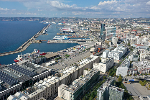 Marseille is the second most populous city in France, with 870,321 inhabitants. The image shows the modern part of the city captured during autumn season.