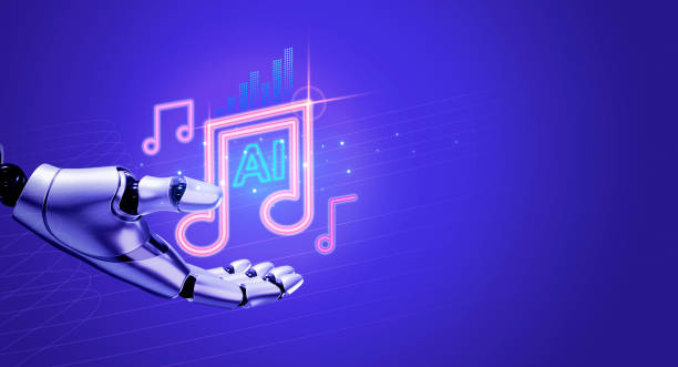 AI generated music concept. Notes icon on robot humanoid hand on blue background with copy space, AI music generator technology, create a song by artificial intelligence.