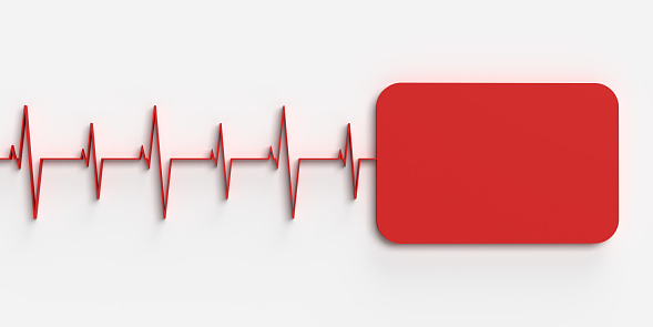 Electrocardiogram heart symbol concept: 3D illustration health check-up background with copy space. Illness control, falling in love, hospital invitation template. Zigzag diagram connected with blank screen.