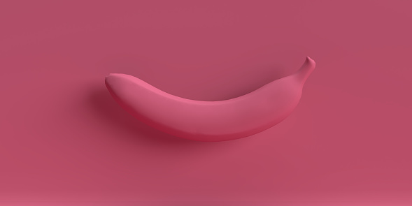 3D illustration of single banana fruit design icon on blank pastel colored background with copy space. Natural pattern. Tropical food template for advertisement, banner or sales.