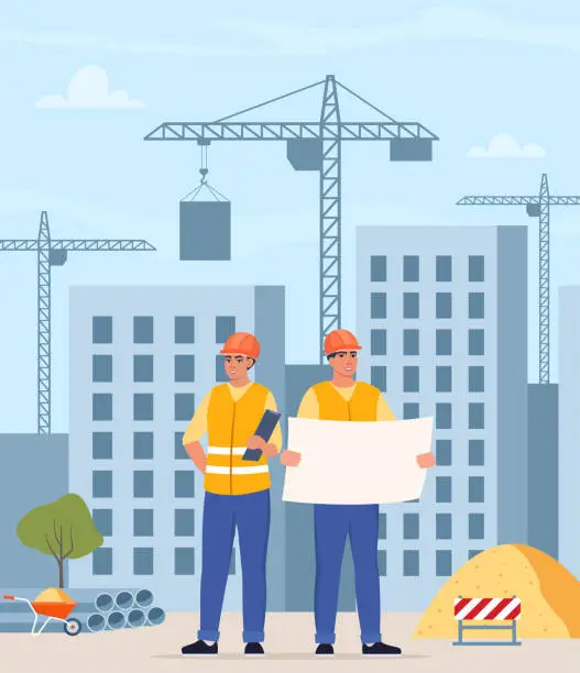 Vector illustration of Construction workers, industrial technician builders over city construction site. Tower cranes building residential buildings. Man and woman engineer in uniform and orange protective helmet. Vector.