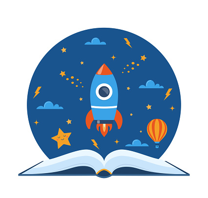 Open book and space elements. Planet, rocket, star, cloud, aerostat. Education concept for kids. Knowledge, creativity, discoveries. Design for educational motivational poster. Back to school Vector