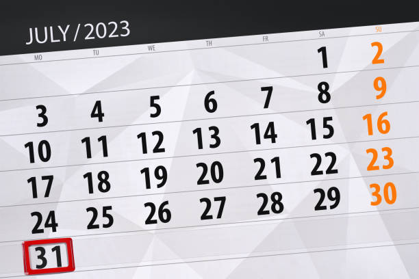 Calendar 2023, deadline, day, month, page, organizer, date, July, monday, number 31 Calendar 2023, deadline, day, month, page, organizer, date, July, monday, number 31. number 31 stock illustrations