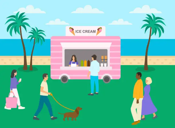 Vector illustration of Ice Cream Van By The Beach. Summer Outdoor Activities In Park. Young Man Walking The Dog, Romantic Couple Walking And Male Customer Buying Ice Cream