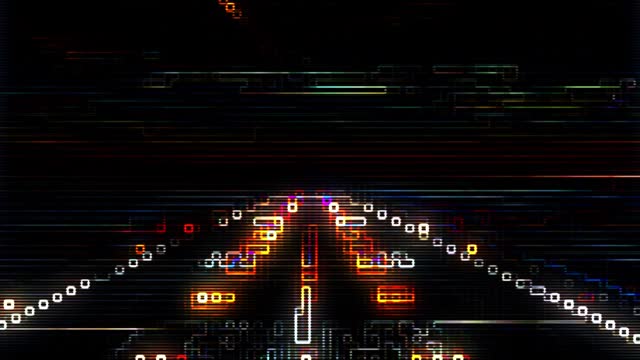 Incredible 8bit animation of famous airplane landing on airport runway seen from cockpit footage. Digital art vintage pixelated concept
