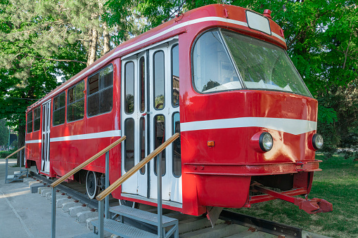 red old tram in Taganrog city park. photo