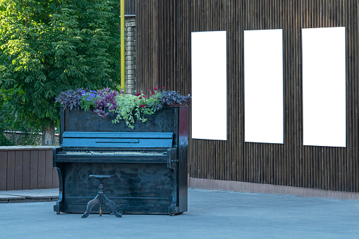 piano in the park with a place for advertising. photo