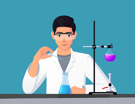 Scientist, Chemist Man Mixing Chemicals In A Lab and conducting research Vector Illustrations
