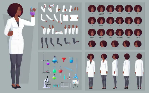 Vector illustration of Woman Scientist Character Creation pack Chemist with Laboratory Equipment, Gestures, Poses, and Face Expressions with African American Woman Wearing White Lab Coat