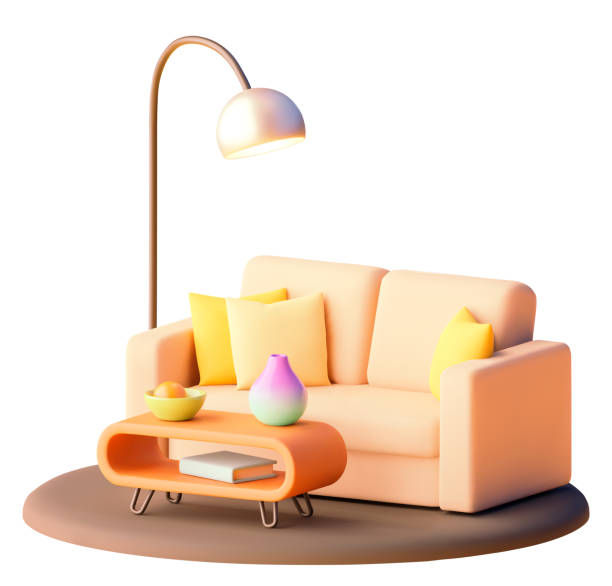 векторный диван с иллюстрацией журнального столика - showcase interior home decorating lamp indoors stock illustrations