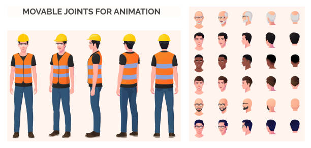 stockillustraties, clipart, cartoons en iconen met construction worker, engineer character creation pack with man wearing safety vest, googles and blue jeans, various ethnicities and races - fictieve figuren