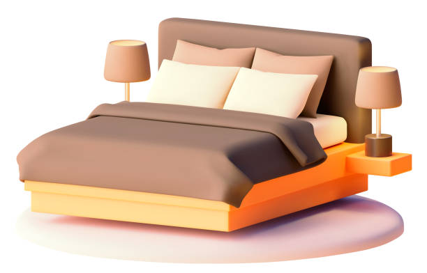 Vector bed with bedding and lamps illustration Vector bed with bedding and bedside lamps illustration. Modern furniture. Bed with blanket, pillows, lamps bed frame stock illustrations