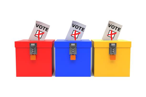 Red, yellow and blue ballot boxes in a row with voting slips displaying the word vote and a large red cross with padlocks - isolated on a plain white background 3D render