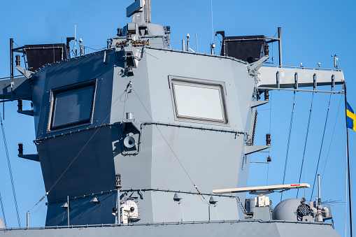 Gothenburg, Sweden - March 05 2023: Sensor tower of a warship.