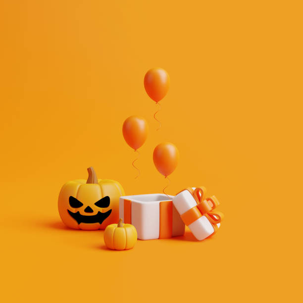 istock Opened gift box with balloons and Halloween Jack-o-Lantern pumpkins on orange background 1495832901