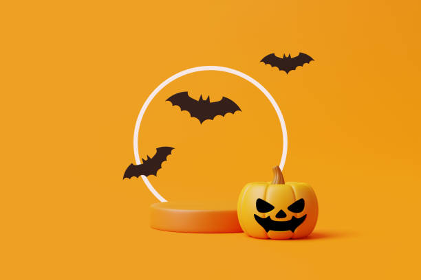 istock Jack-o-Lantern pumpkins with podium for product display and bats on orange background 1495832918