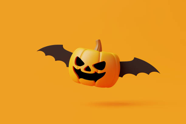 istock Jack-o-Lantern pumpkin with wings flying on orange background 1495832931