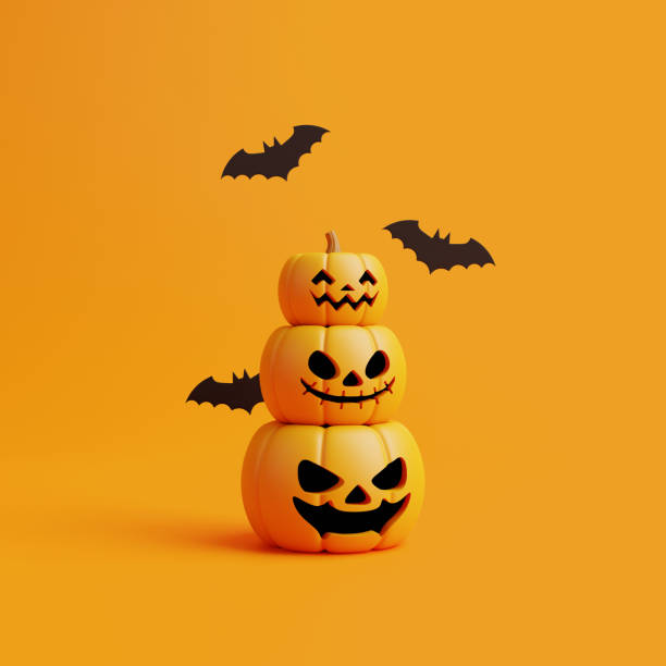 istock Jack-o-Lantern pumpkins with bats on orange background 1495832973