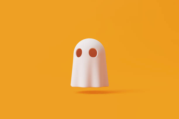 istock Simple halloween cartoon ghost on orange background 1495832994