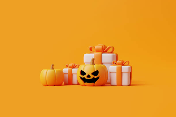 istock Cartoon gift boxes with Halloween Jack-o-Lantern pumpkins on orange background 1495832999