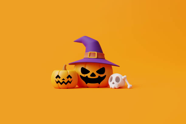 istock Jack-o-Lantern pumpkins wearing witch hat with skull and bones on orange background 1495833001