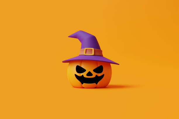 istock Jack-o-Lantern pumpkins wearing witch hat on orange background 1495833305